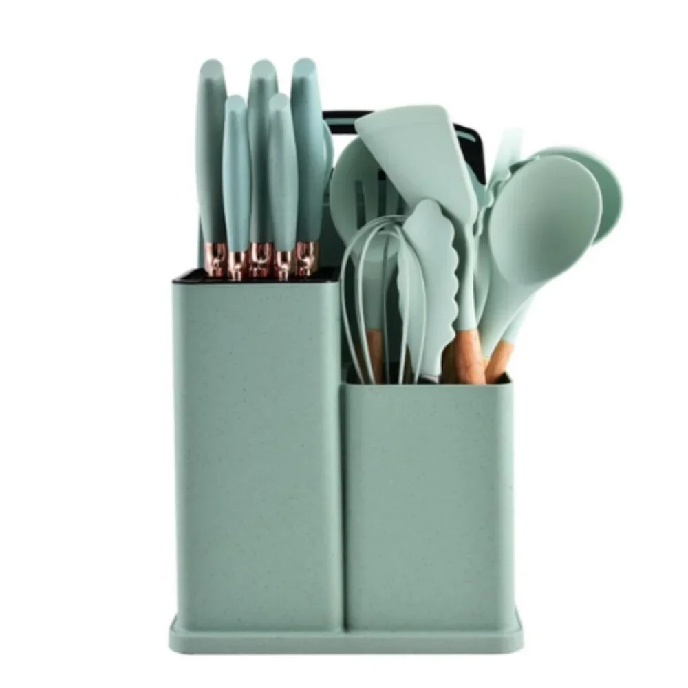 Kitchen Silicone Utensils 19 Piece Wooden Set Spatula, Knife Set, Cutting Board